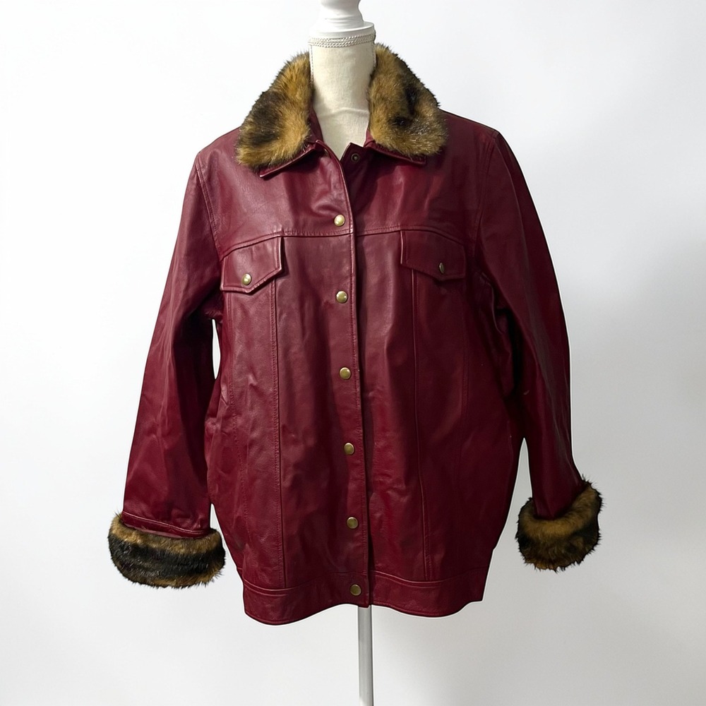Terry Lewis Red Leather Jacket Removable Faux Fur Trims‎ & Lining Women's 1X